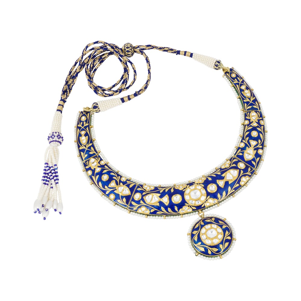 Indigo Enamel Hasli Necklace with Polki and Pearl Detailing